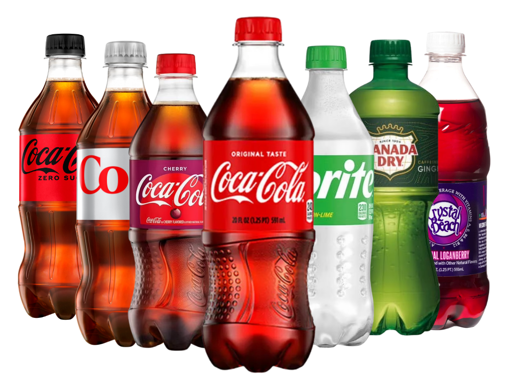 A variety of Coca-Cola and Sprite bottles, including Coca-Cola Zero Sugar, Cherry Coke, regular Coca-Cola, Sprite with Lime, Canada Dry Ginger Ale, and a Crystal Beach berry-flavored soda, arranged in a row.