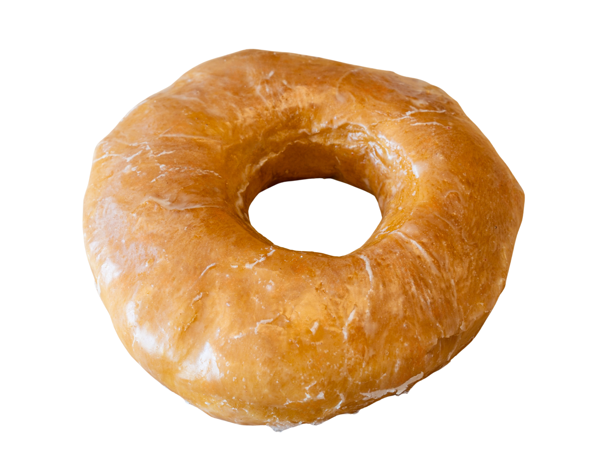 A close-up image of a plain, round, glazed donut with a hole in the center, shown against a plain background.