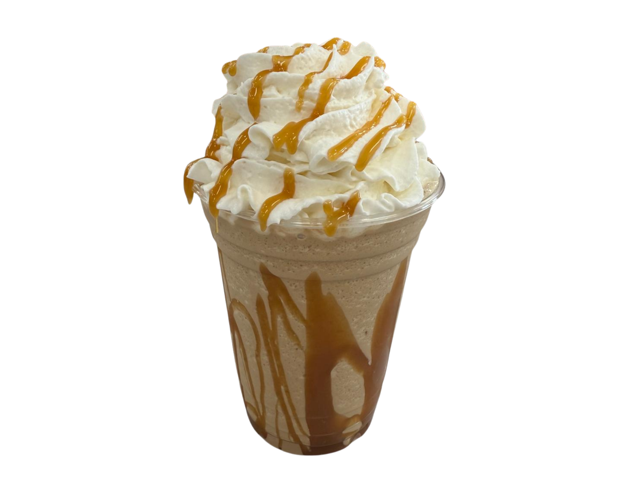 A milkshake topped with whipped cream and caramel drizzle in a clear glass.