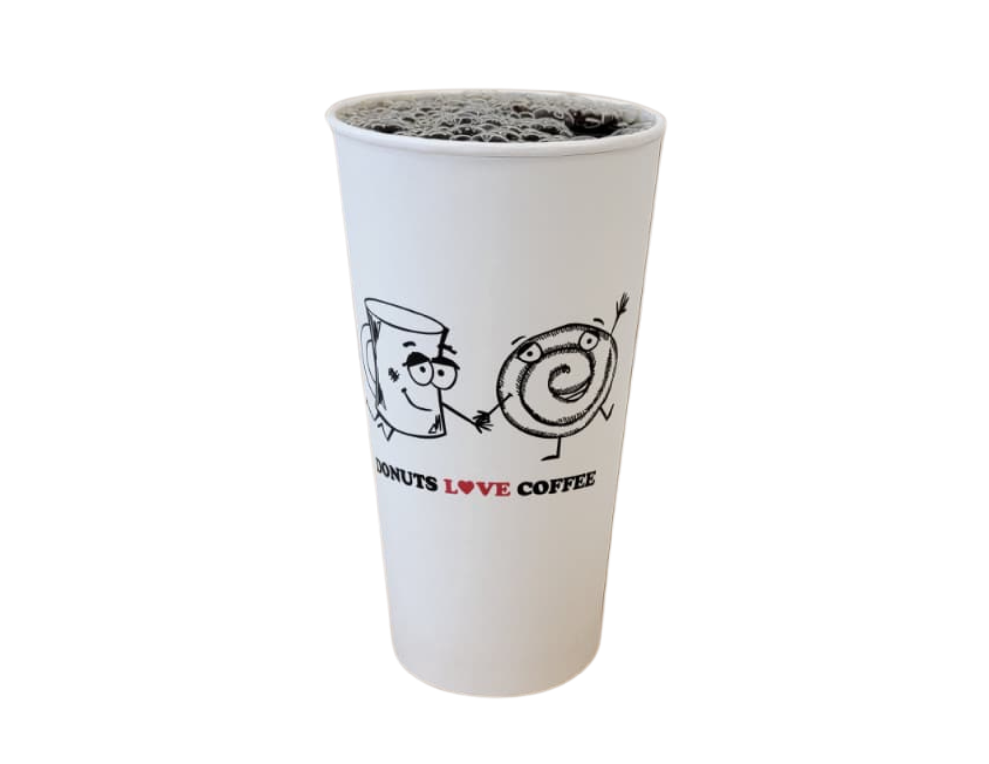 White coffee cup with cartoon drawings and text that says "DONUTS LOVE COFFEE" filled with dark coffee.