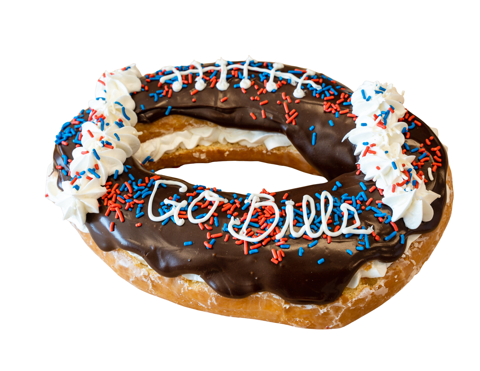 A donut with chocolate glaze, red, white, and blue sprinkles, and decorative white icing.