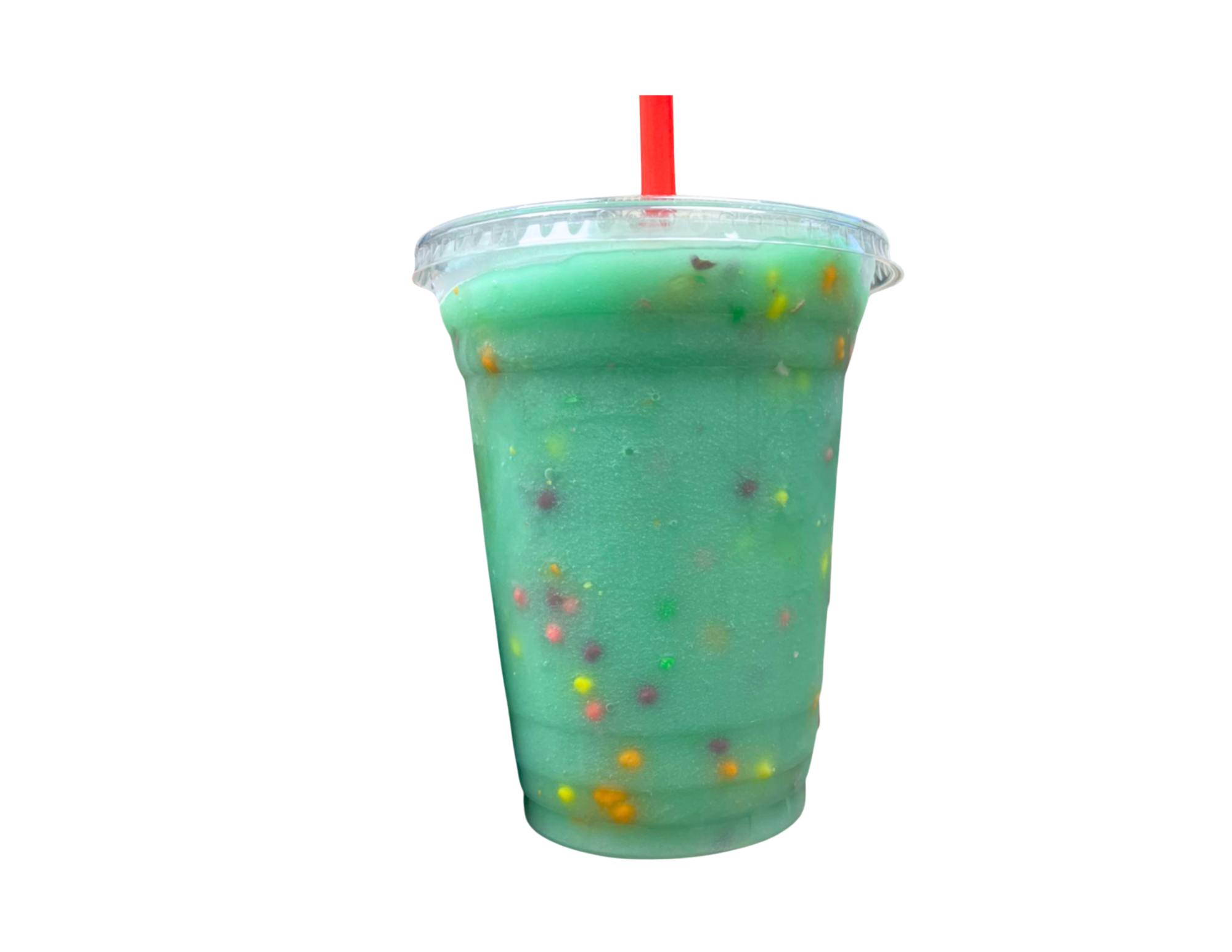 A clear plastic cup filled with green slush, colorful small round sprinkles, a red straw, and a clear lid.