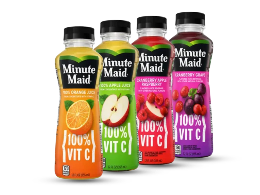 Four bottles of Minute Maid fruit juices in orange, apple, cranberry raspberry, and cranberry grape flavors.