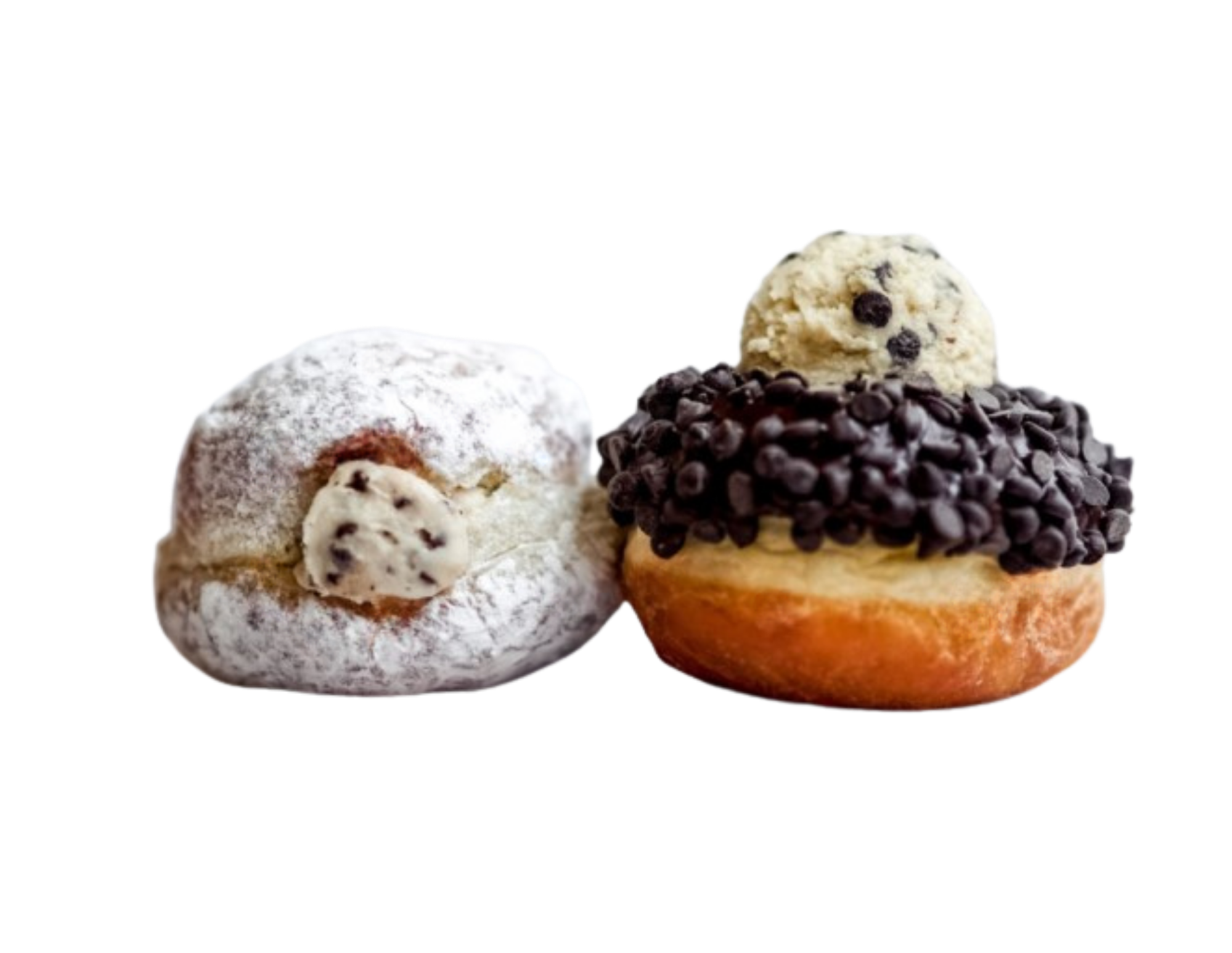 Assorted cookies, including one with chocolate chips, powdered sugar, and a donut topped with chocolate sprinkles on a black background.
