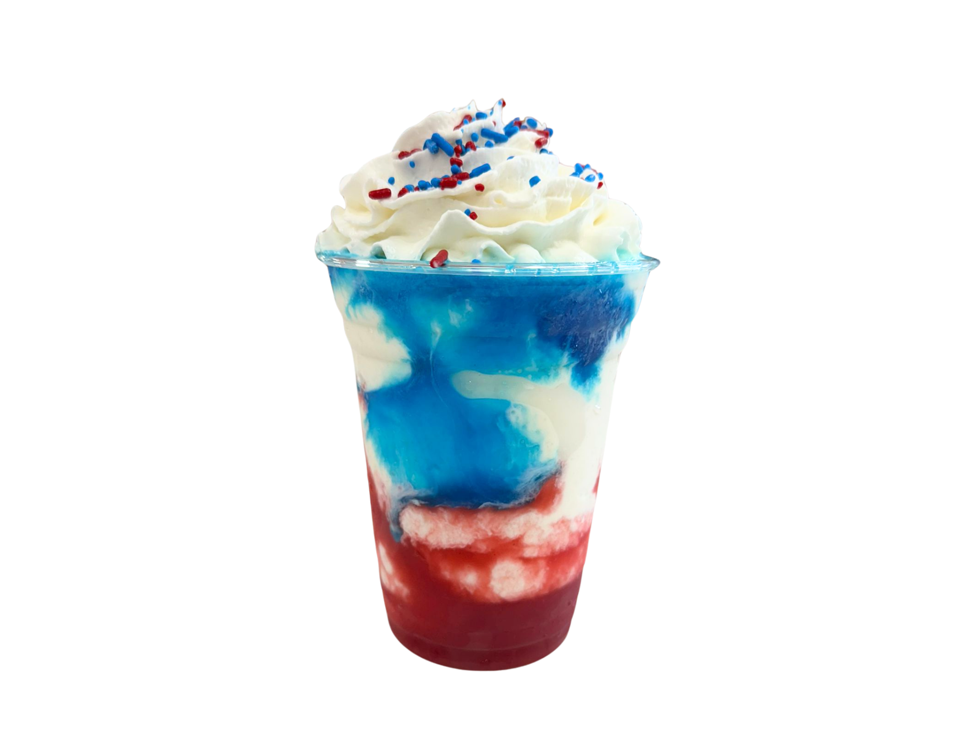 A red, white, and blue layered ice cream cone with whipped cream and sprinkles on top.