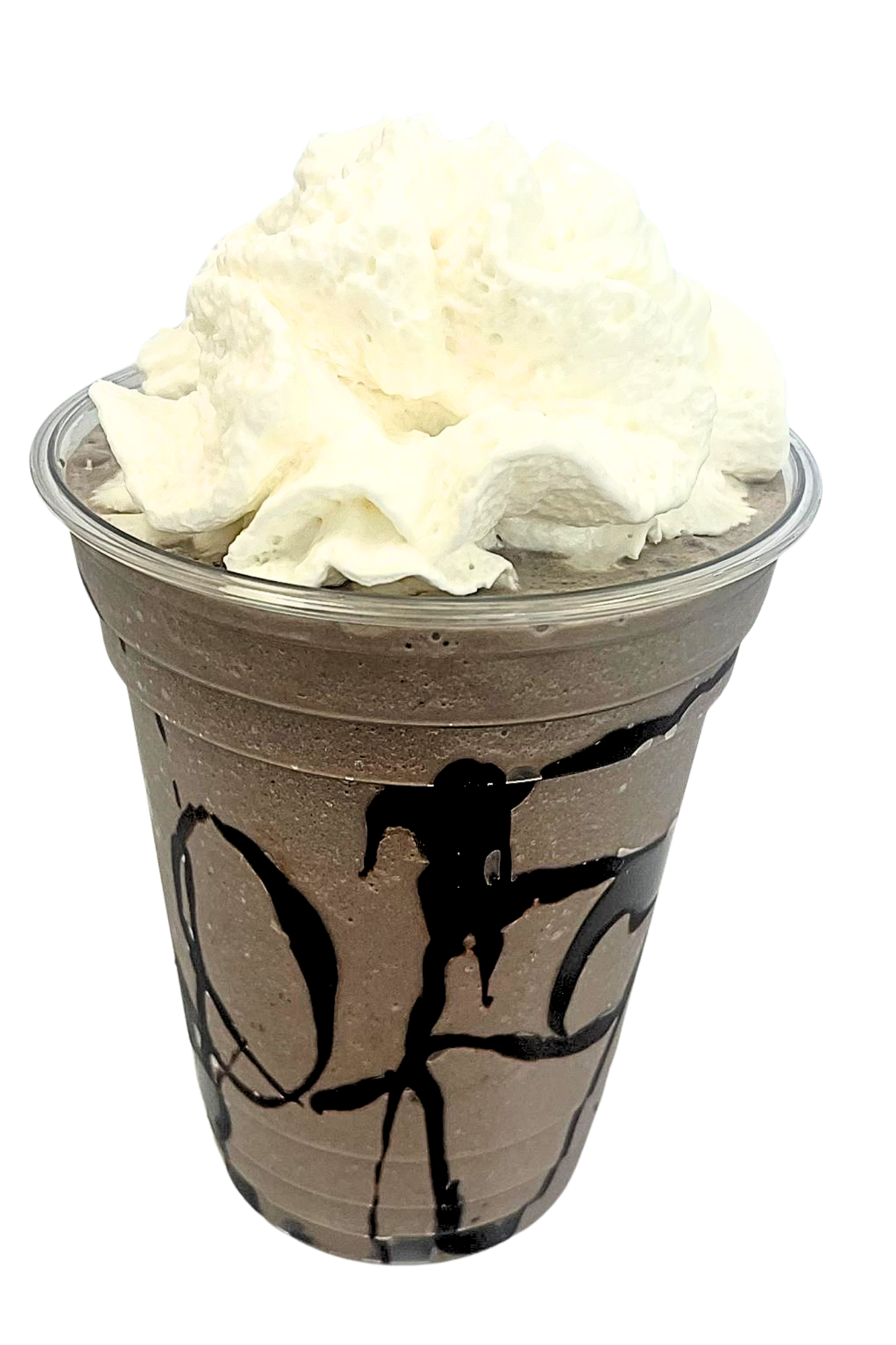 A glass of chocolate milkshake topped with whipped cream in a branded cup.