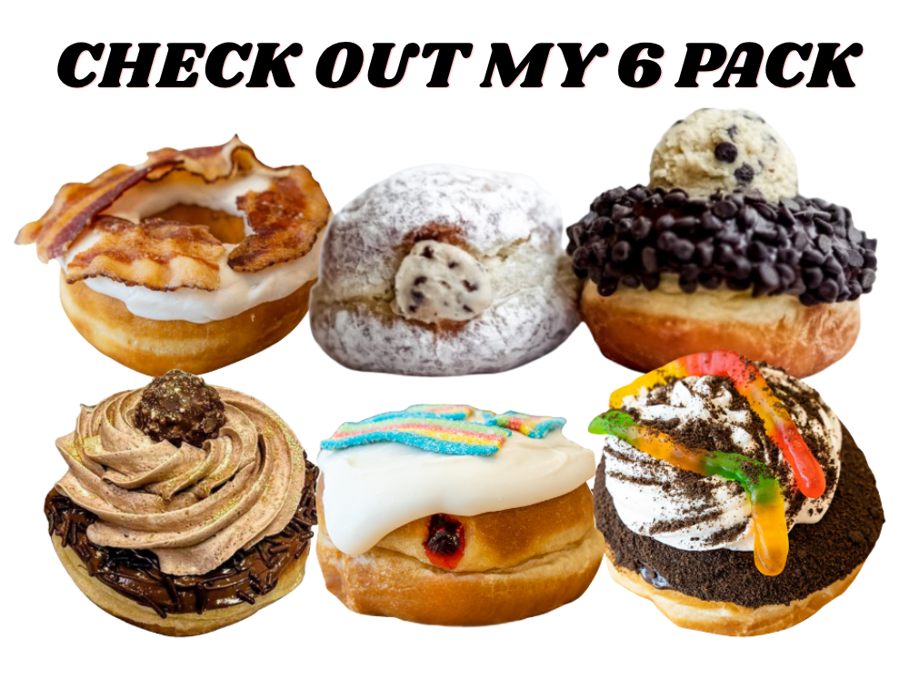 Six assorted donuts with various toppings and fillings on a pink plate, with a red and black text banner reading 'Check Out My 6 Pack' at the top.