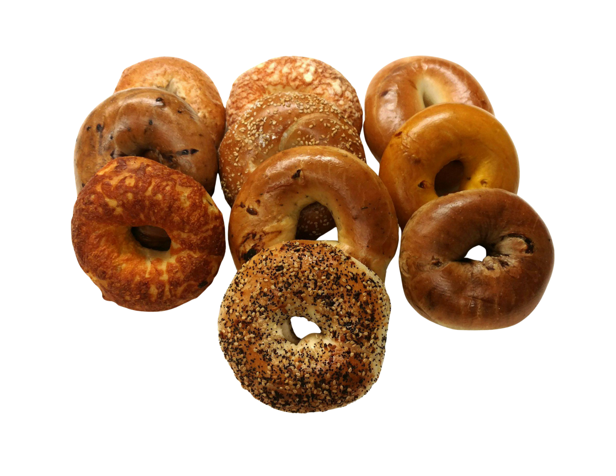 A variety of bagels with different toppings and flavors stacked together.