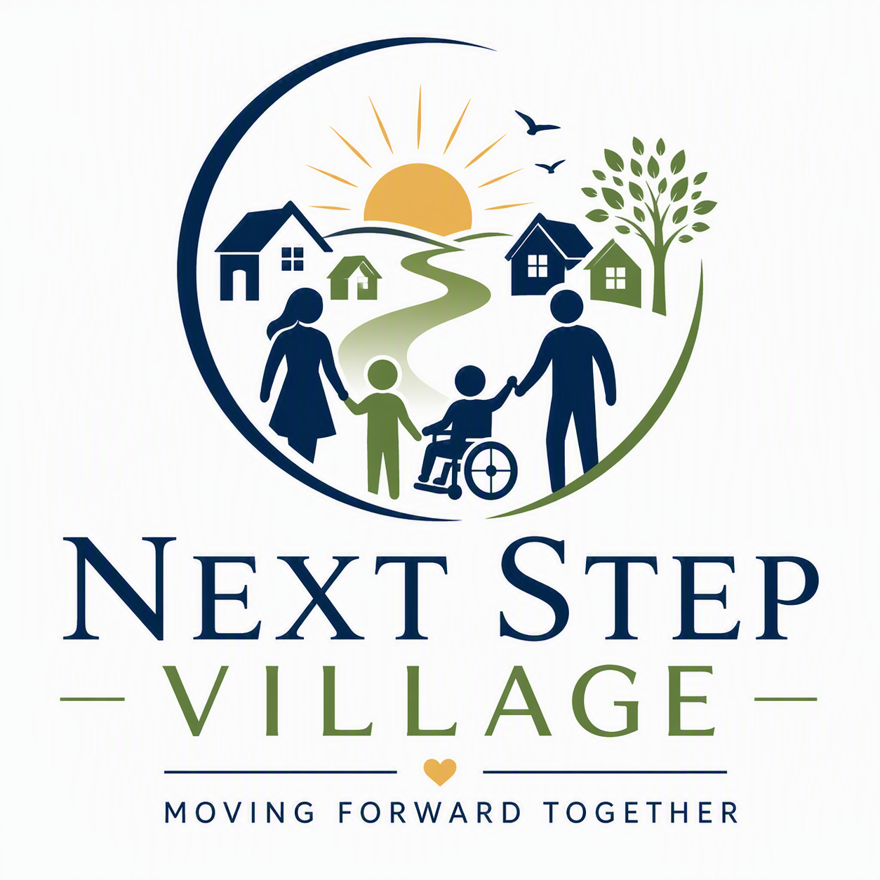 Logo for Next Step Village, featuring a family with a woman, a man, and children, one in a wheelchair, standing in front of a village with houses, trees, and a sun in the background, accompanied by the tagline 'Moving Forward Together.'
