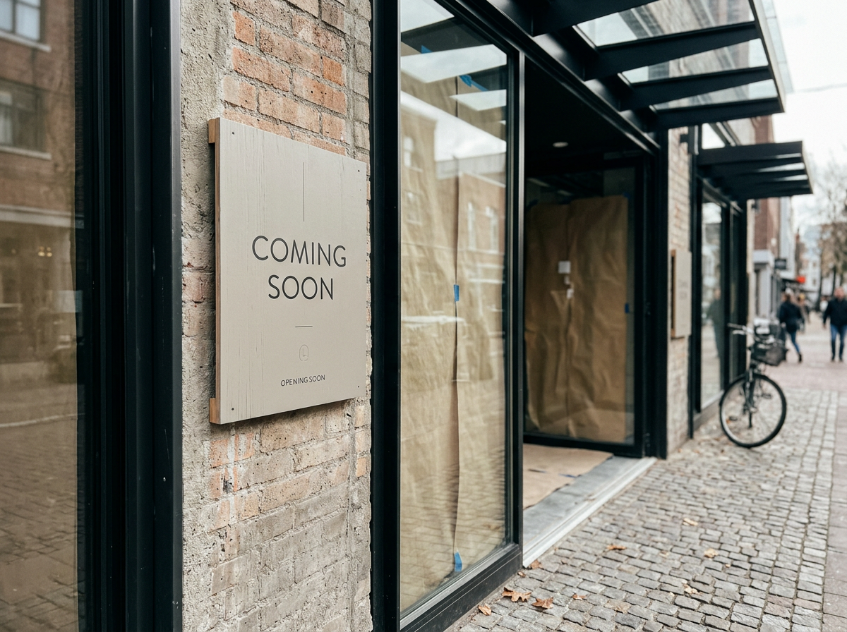 A storefront with a sign that says 'Coming Soon' on a brick wall, with a bicycle parked nearby and people walking on the sidewalk.