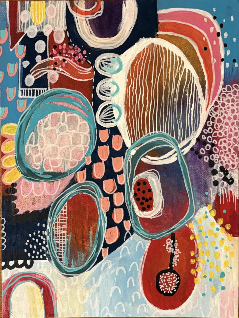 Abstract painting with vibrant colors, geometric shapes, and patterns including ovals, circles, and lines in shades of pink, red, blue, brown, white, and yellow.