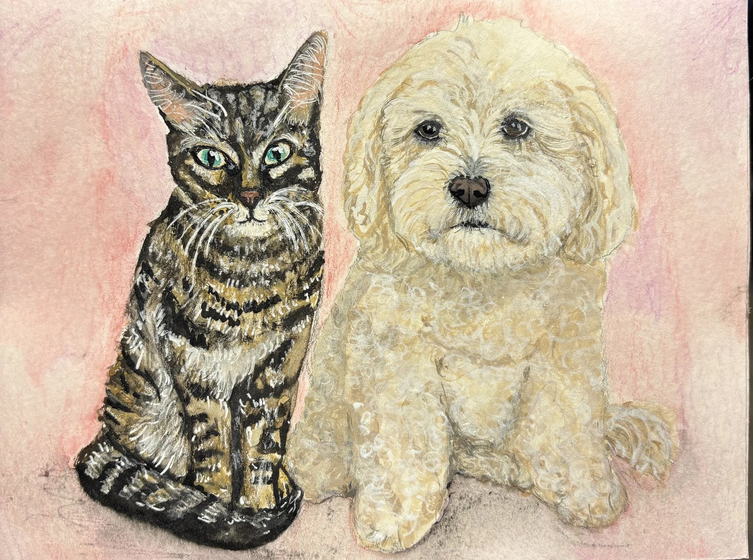 A watercolor painting of a tabby cat sitting next to a fluffy light-colored dog against a pink background.
