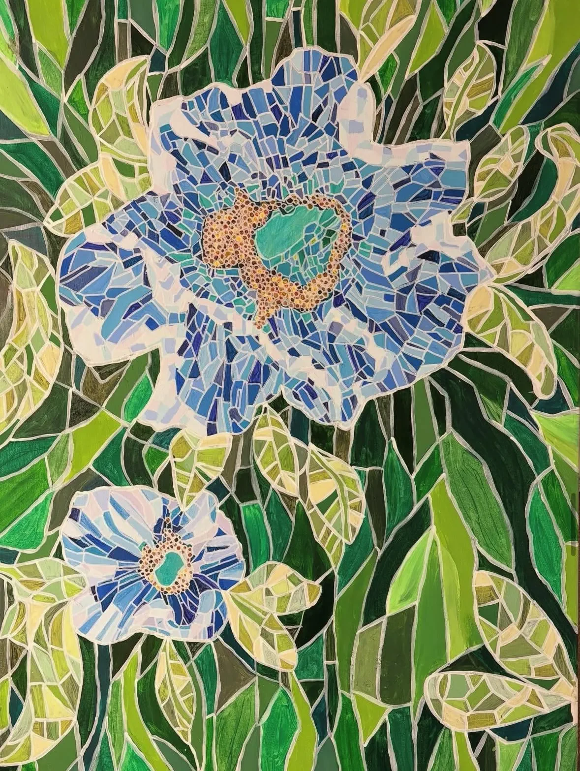 A mosaic-style painting of blue and white flowers with green leaves.