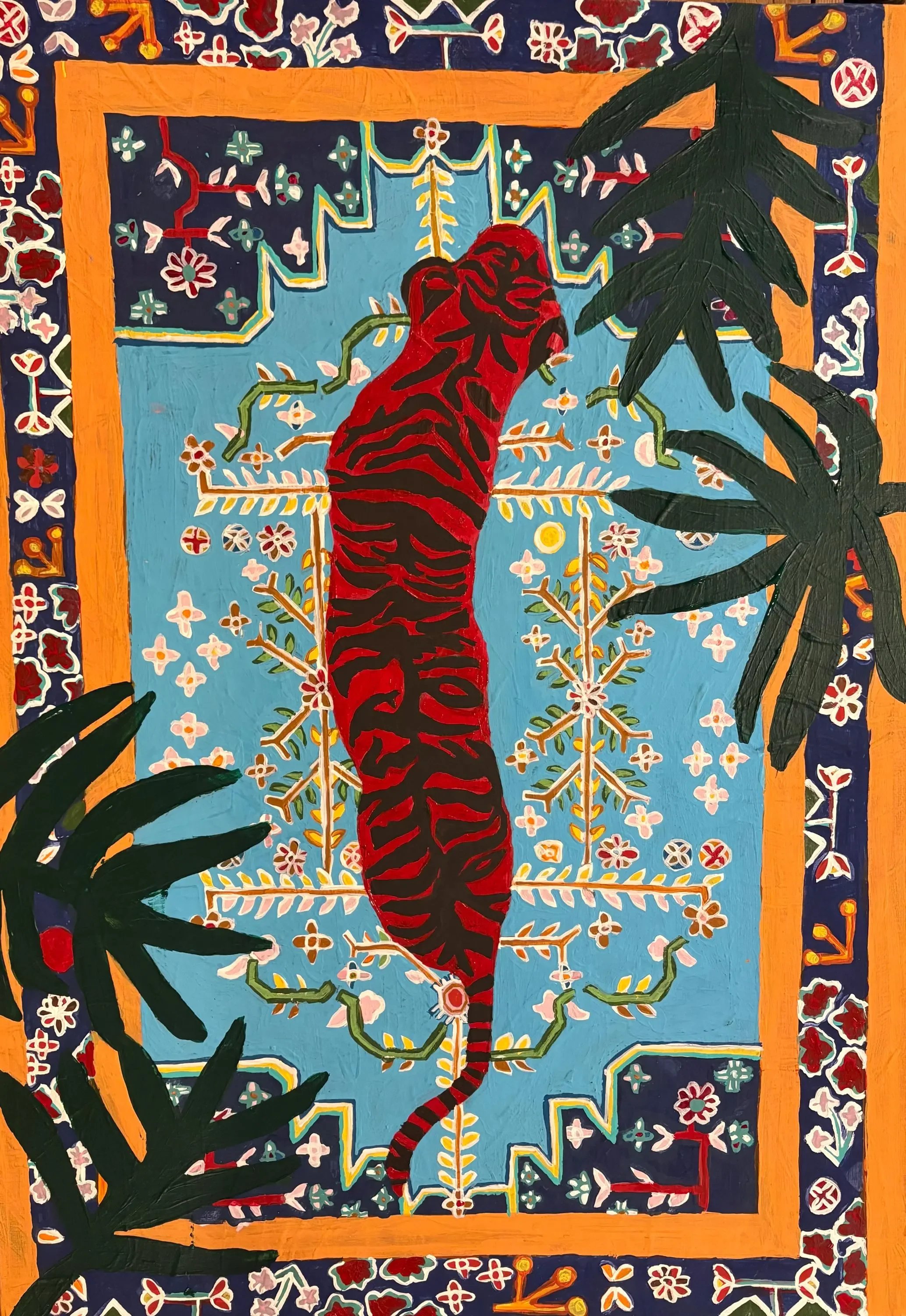 A vibrant painting of a red and black tiger in a stylized jungle scene with greenery, floral patterns, and a decorative border with intricate patterns and bright colors.