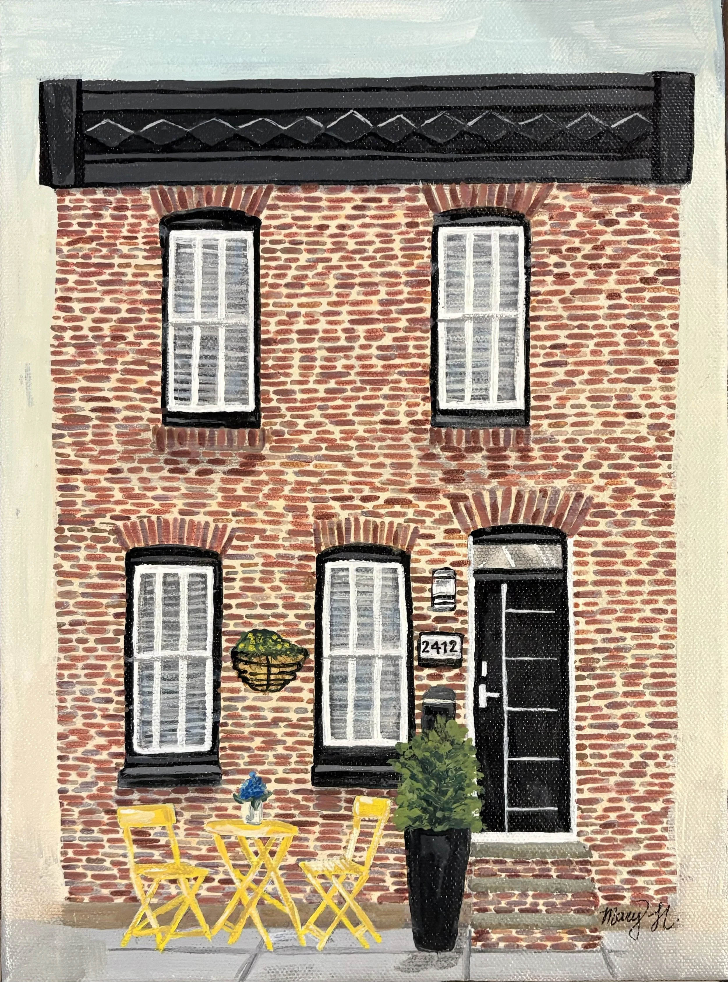 Painting of a brick building with black-framed windows and doors, a hanging flower basket, outdoor yellow furniture, and potted greenery, with the artist's signature in the bottom right corner.
