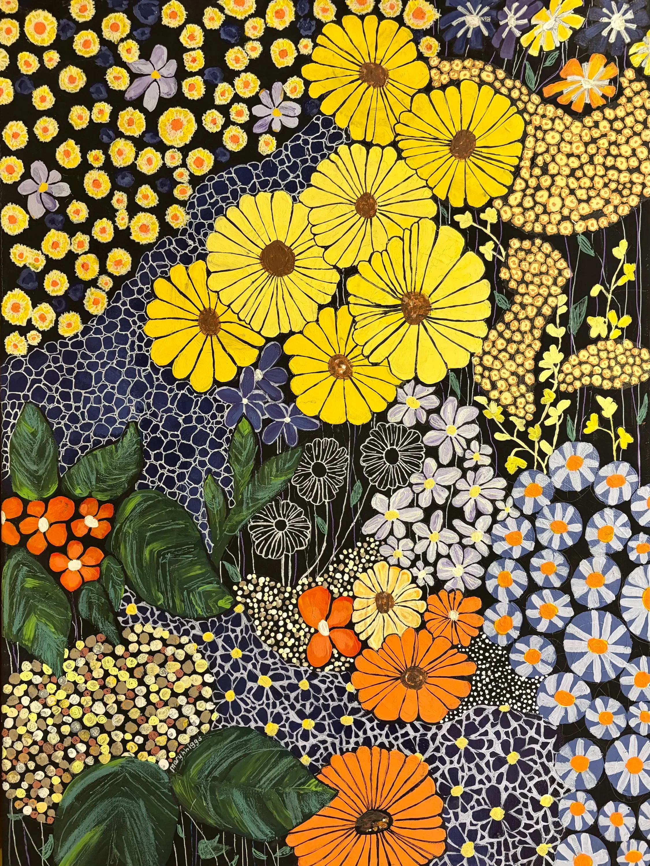 A vibrant painting of various brightly colored flowers, including yellow daisies, orange marigolds, purple and white daisies, set against a dark background with green leaves.