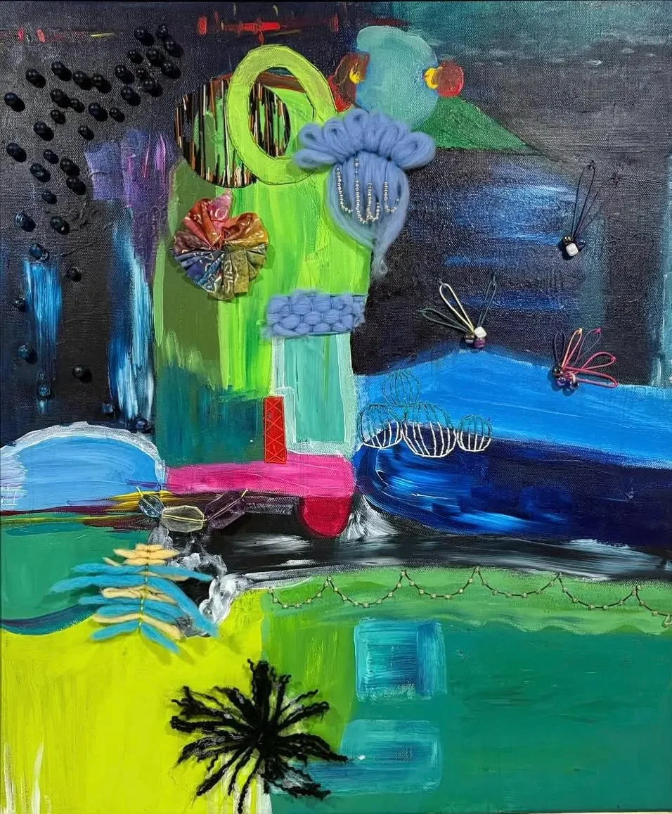Abstract painting with colorful elements including a palm tree, brush strokes, beads, fabric, and wire sculptures, set against a vibrant background blending green, blue, and black.