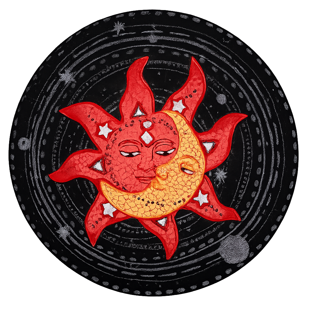 A decorative sun and moon artwork with human faces, set against a black background with celestial patterns and stars.