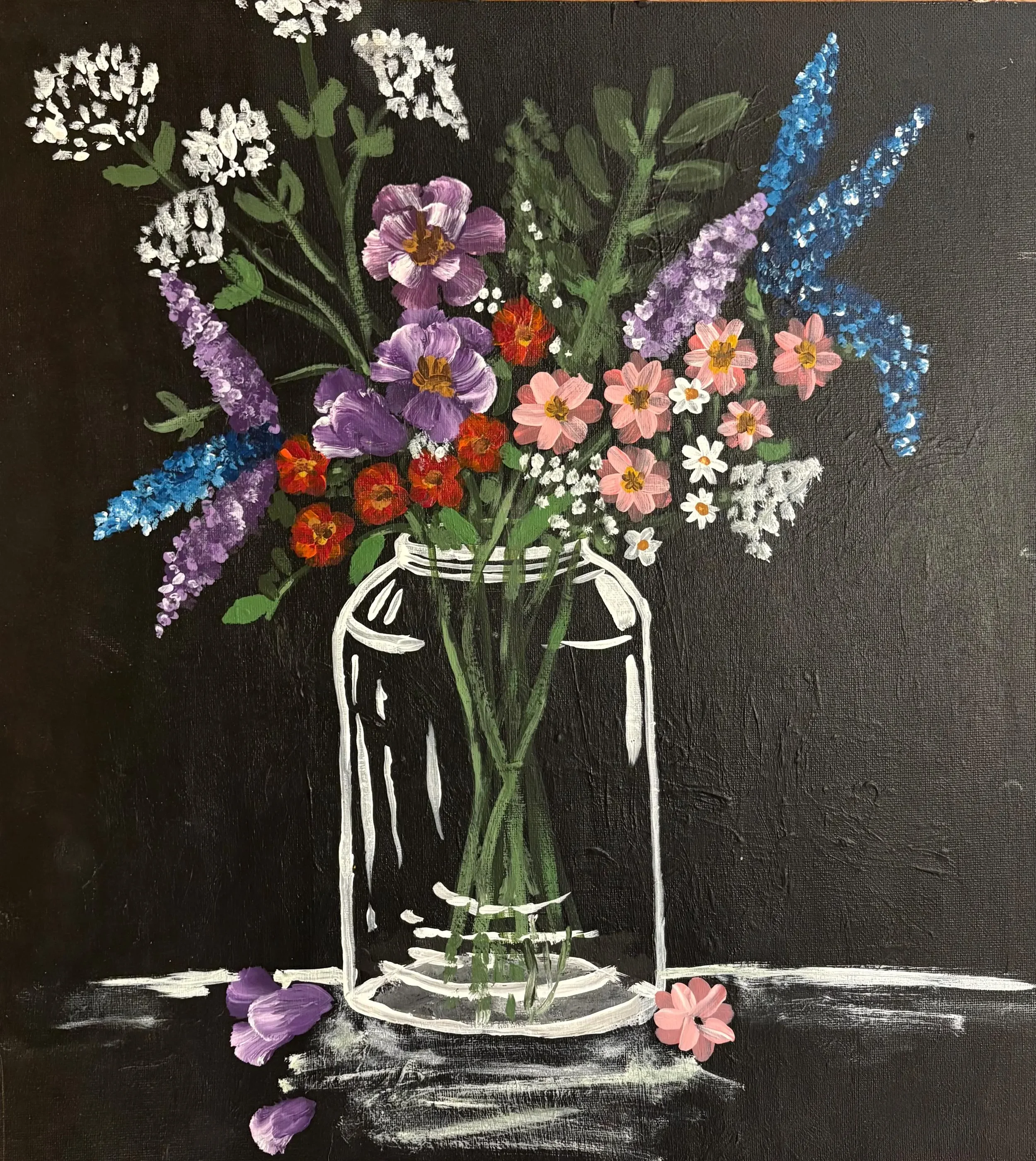 A painting of a bouquet of colorful flowers in a white jar on a black background.