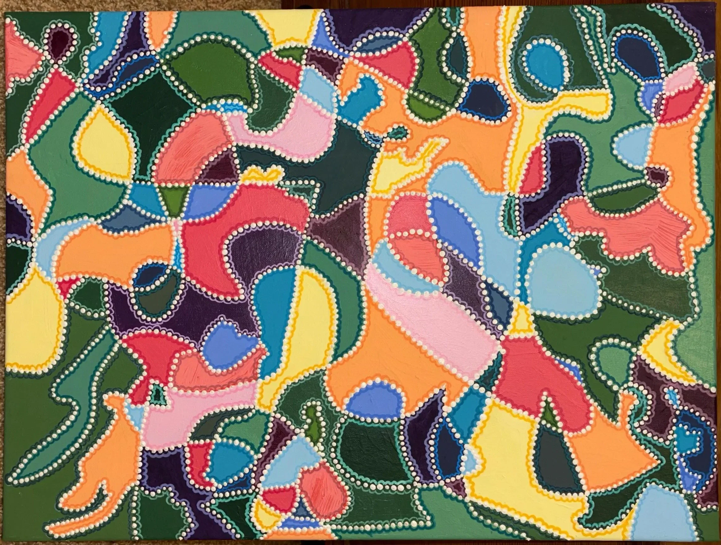 A colorful abstract painting with various shapes in red, pink, yellow, blue, green, purple, and orange, outlined by white dotted lines.