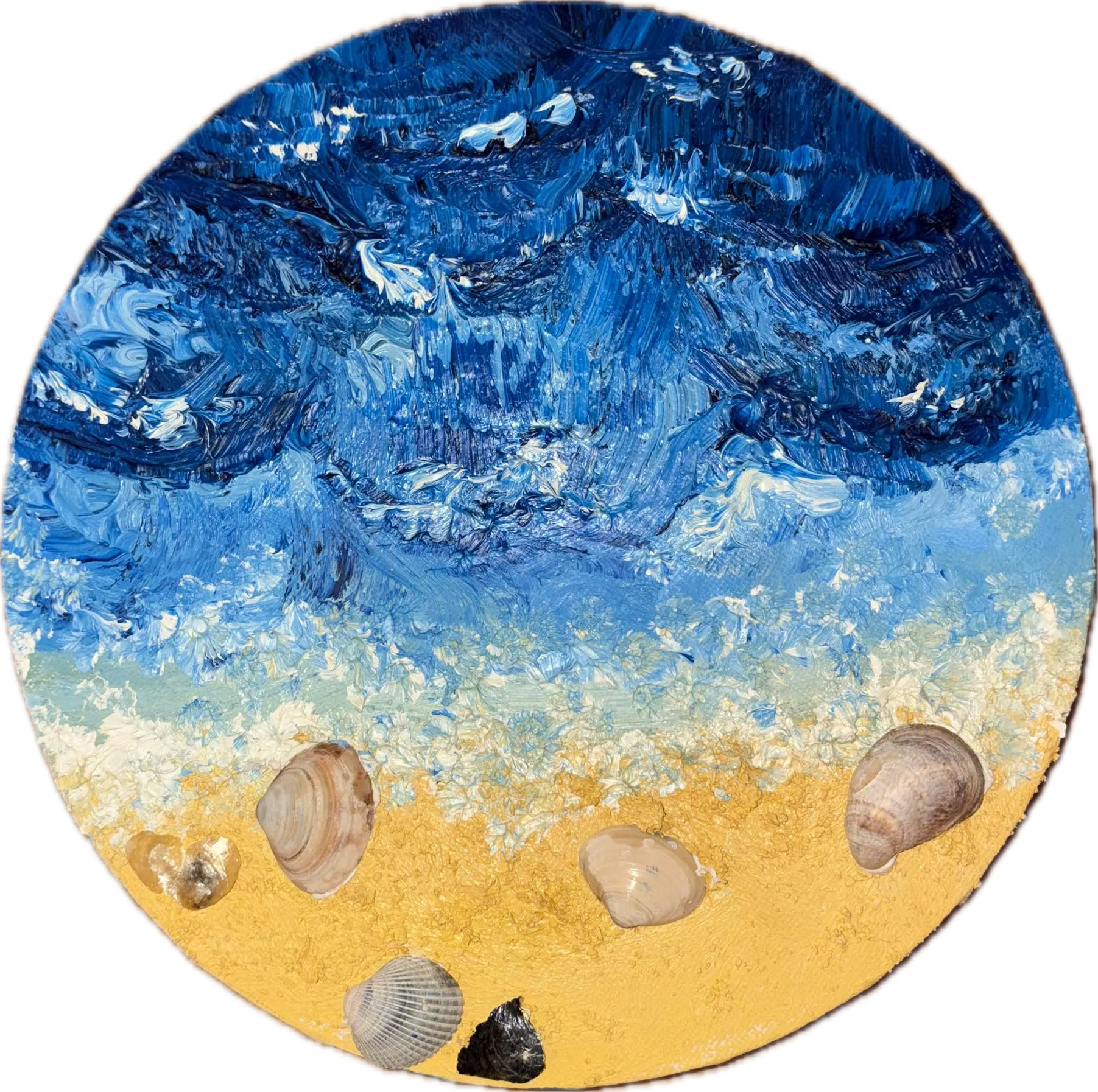 Colorful abstract painting with blue, white, yellow, and black hues, featuring shells placed around the bottom edge of the circular artwork.