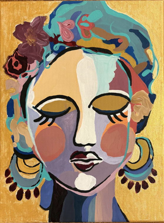 Abstract portrait of a woman with closed eyes, large earrings, and colorful flowers in her hair, set against a yellow background.