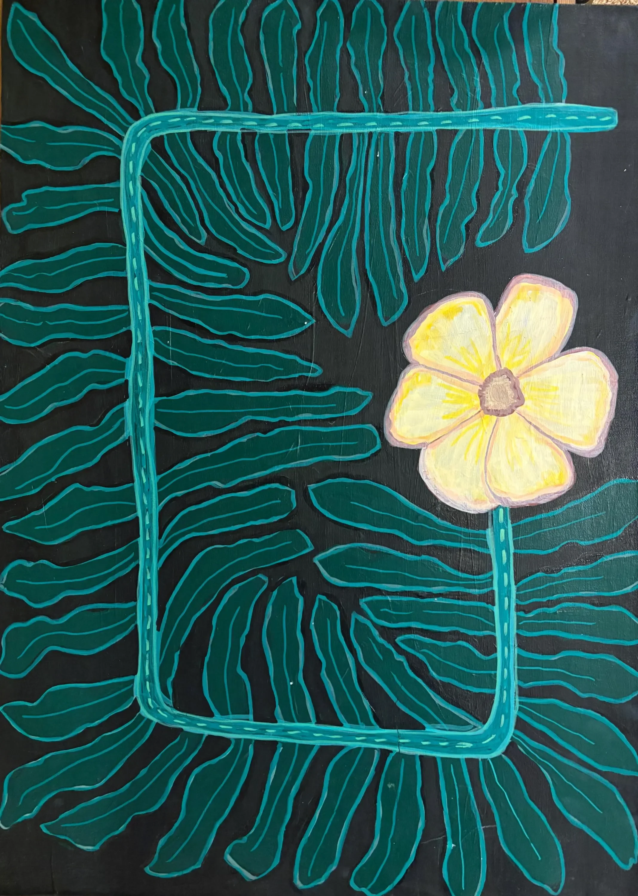 A painting featuring large teal-colored tropical leaves with a prominent yellow flower with pink outlines on a dark background.