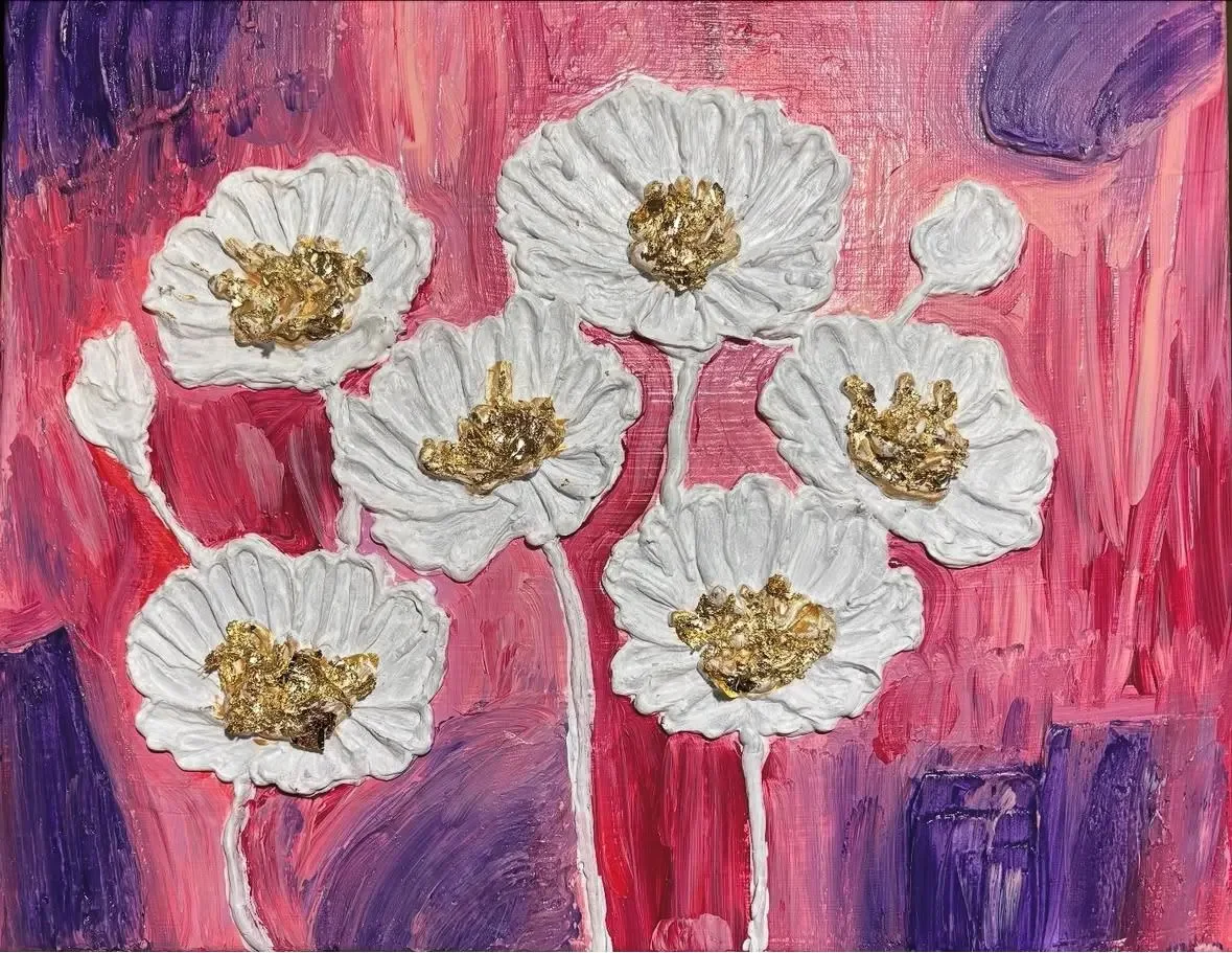 Abstract painting of white flowers with gold centers on a vibrant pink and purple background.