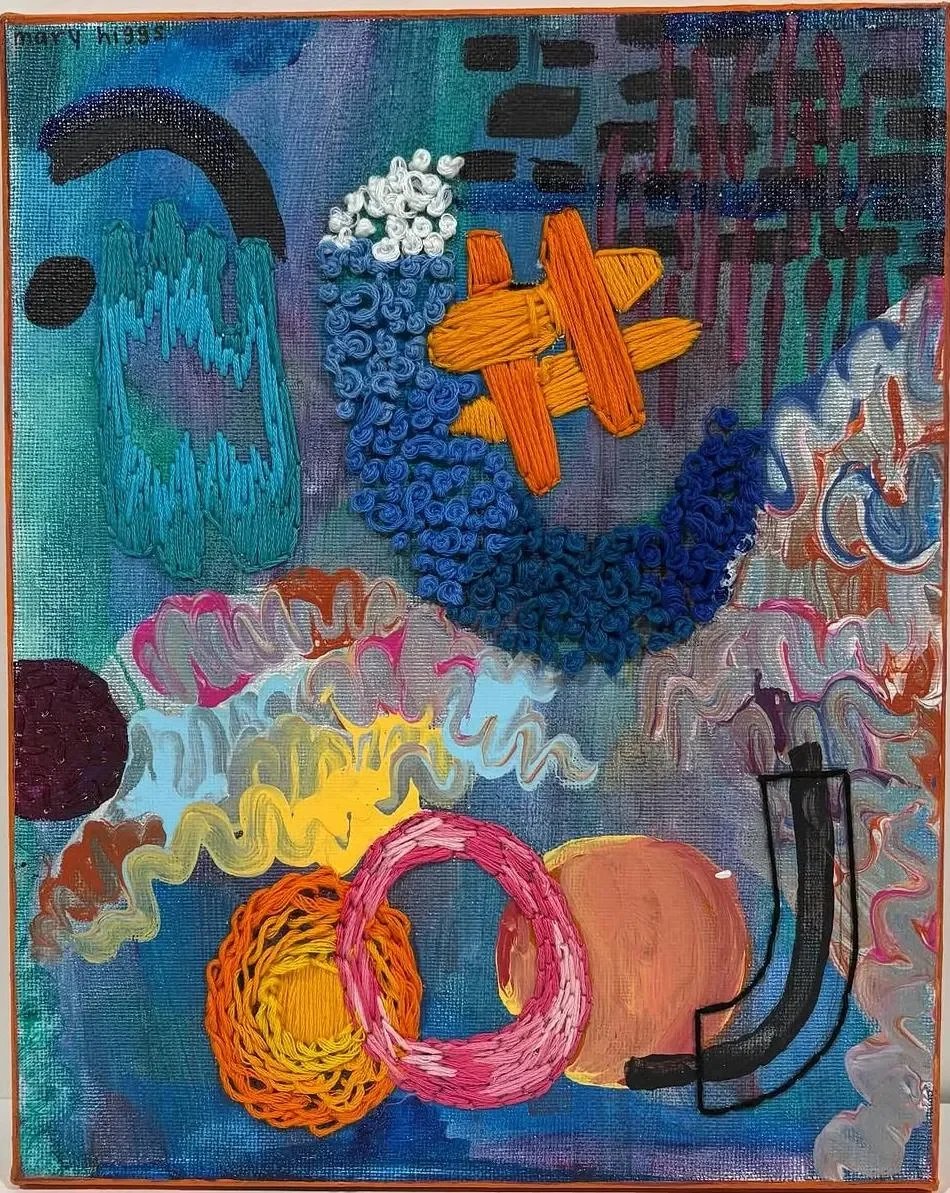 Colorful abstract artwork featuring a face with curly blue hair, orange glasses, and various shapes and vibrant colors, including pink, yellow, and black.