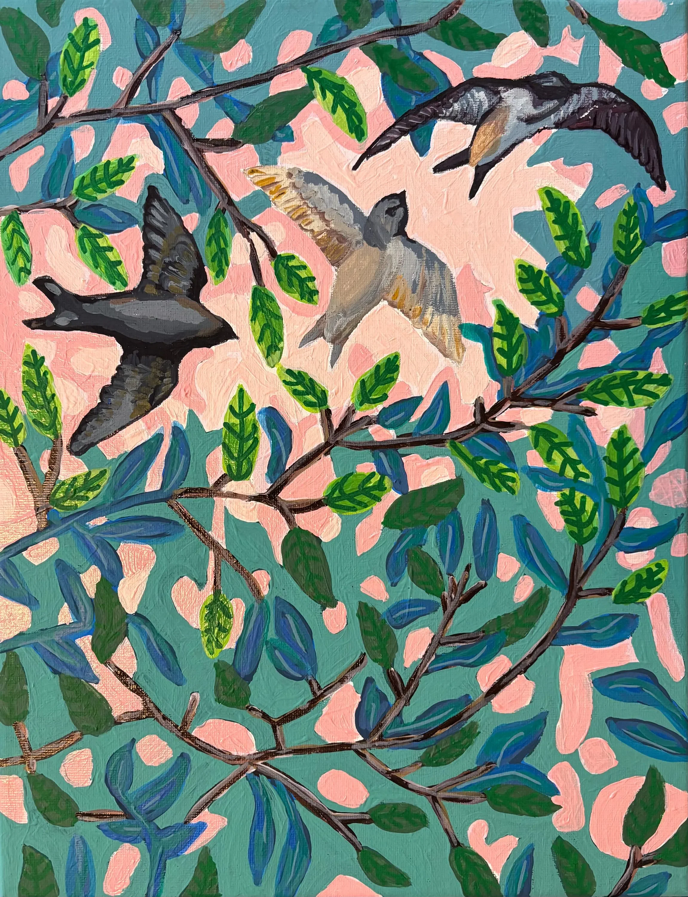 A colorful painting of multiple hummingbirds with green and beige feathers, perched on branches with green and blue leaves, set against a pink and teal background.