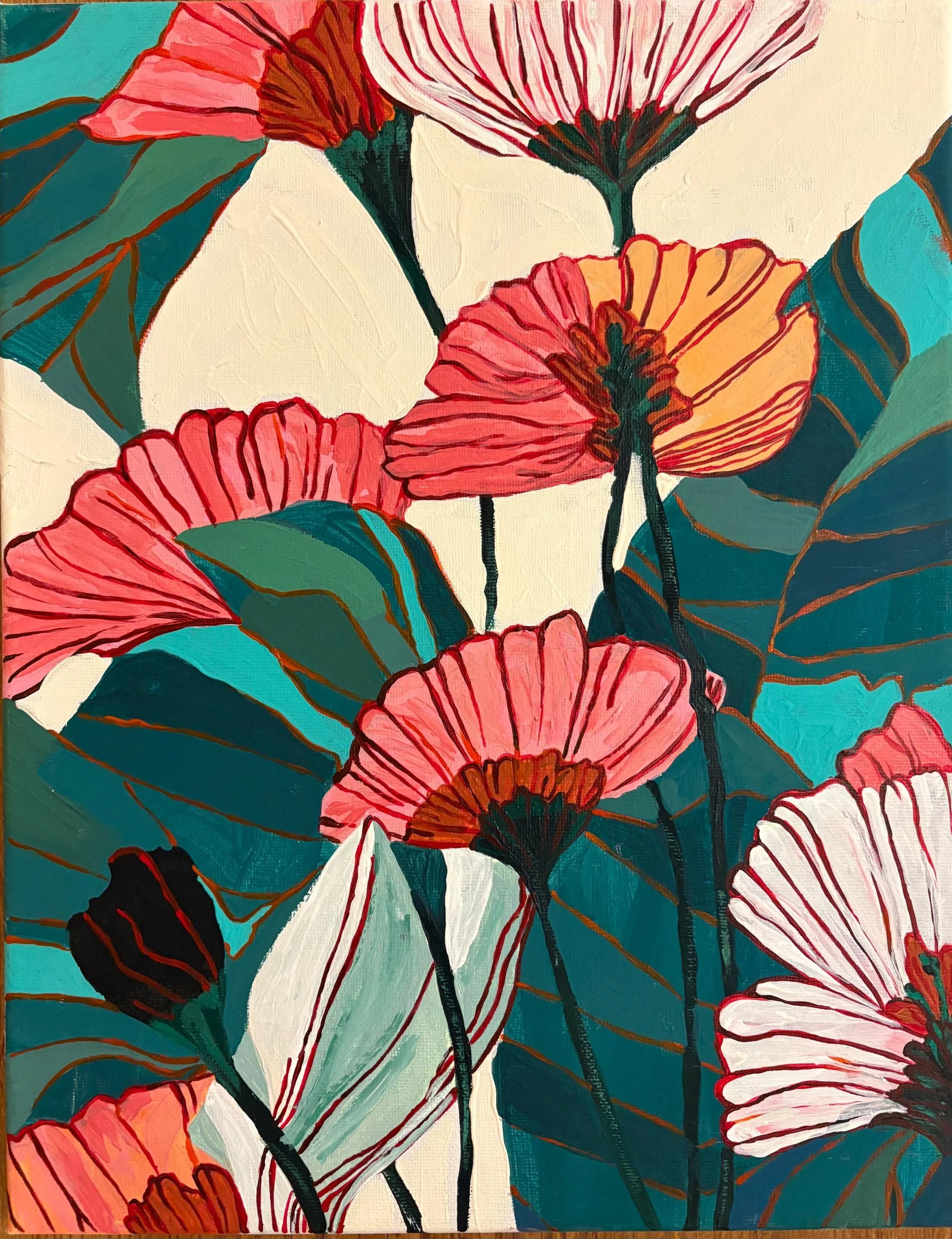An abstract floral painting featuring large, colorful flowers in shades of pink, orange, and white with dark centers, surrounded by dark green and blue leaves with orange accents.