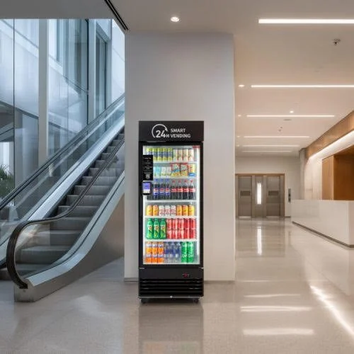 Sleek vending machine placed in a building lobby