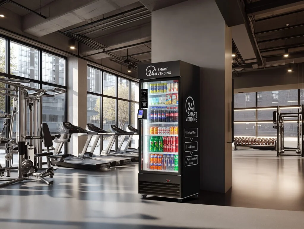 Vending machine stocked with snacks and drinks in a gym setting