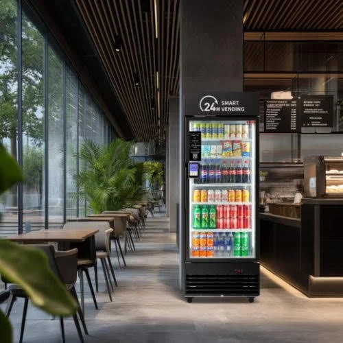 Modern vending machine installed in an office cafeteria break room