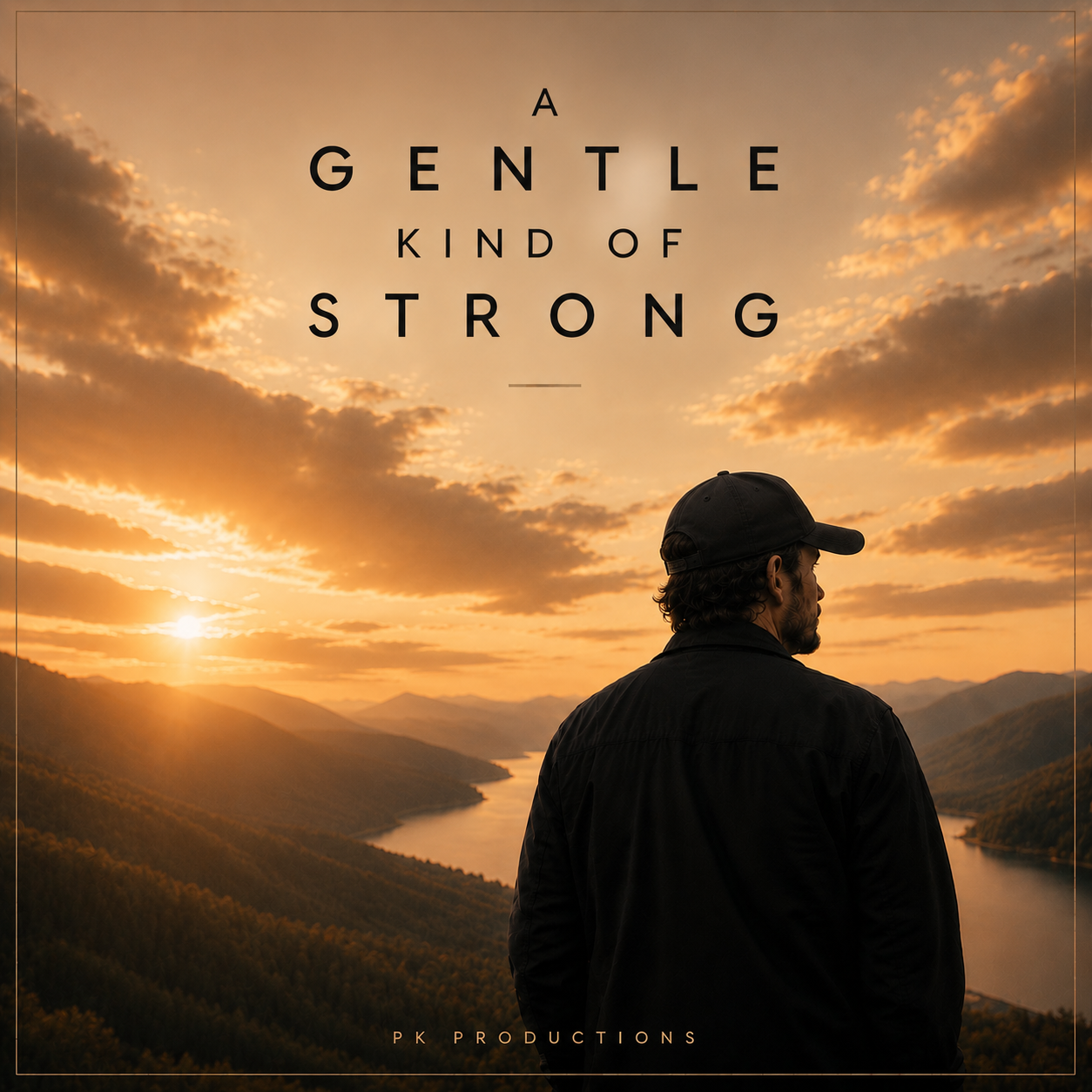 A person standing outdoors at sunset, overlooking a river and mountains, with motivational text reading "A GENTLE KIND OF STRONG".