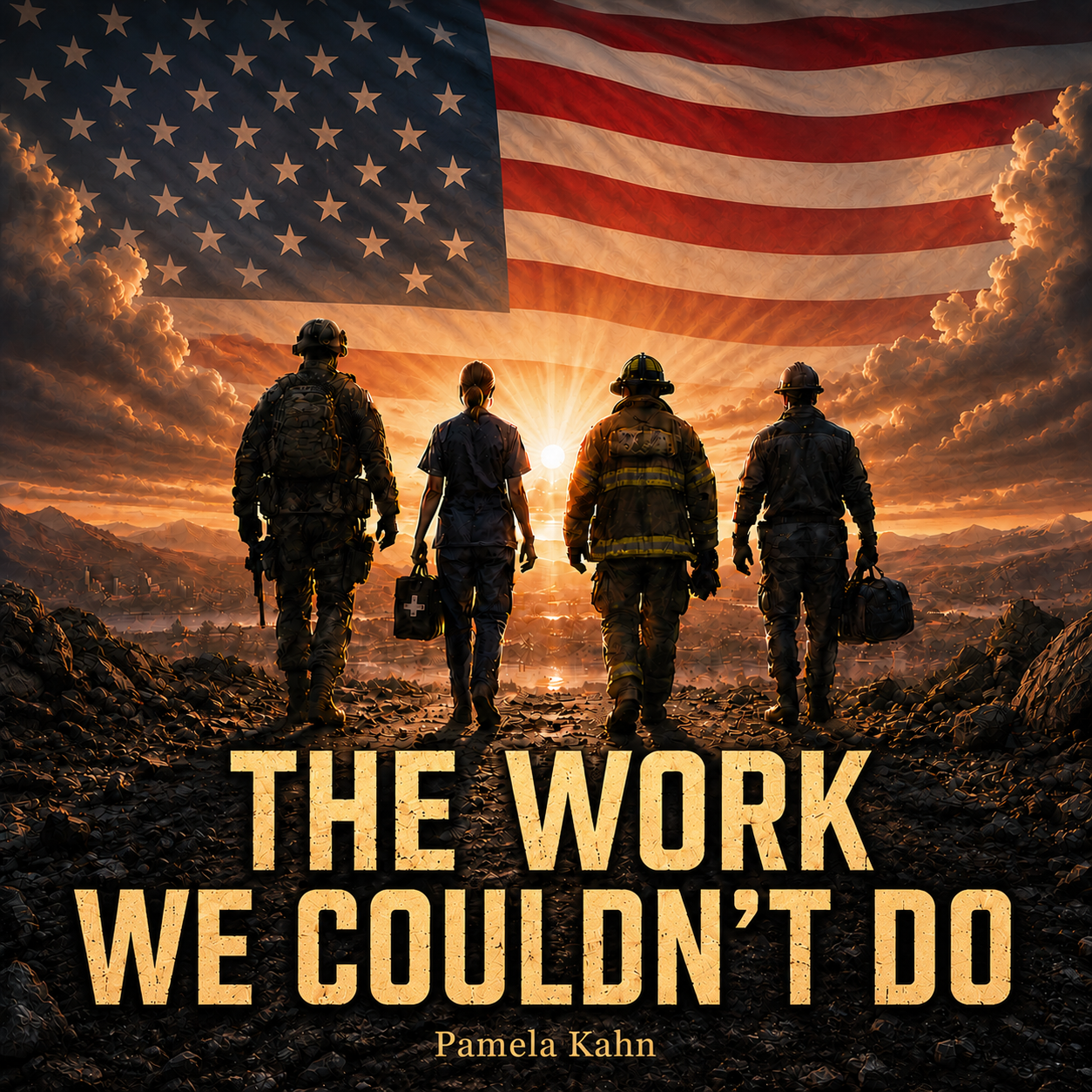 Four rescue workers, two men and two women, walking towards the sunset with a large American flag overhead. The scene is set in a rugged, rocky terrain. The title 'The Work We Couldn't Do' and the author's name, Pamela Kahn, are displayed at the bottom.