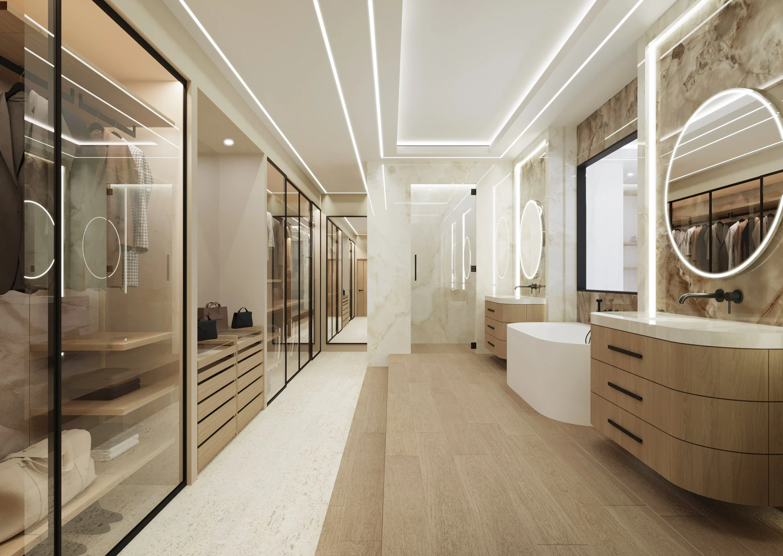 Une salle de bain élégante avec des murs en marbre clair, des meubles en bois clair, un miroir rond avec éclairage LED, un lavabo en blanc, et des étagères vitrées contenant des vêtements et des accessoires. Le plafond est équipé de lignes lumineuses modernes.