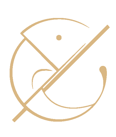 Logo minimaliste avec un cercle, une ligne diagonale, et des formes géométriques en beige sur fond noir.
