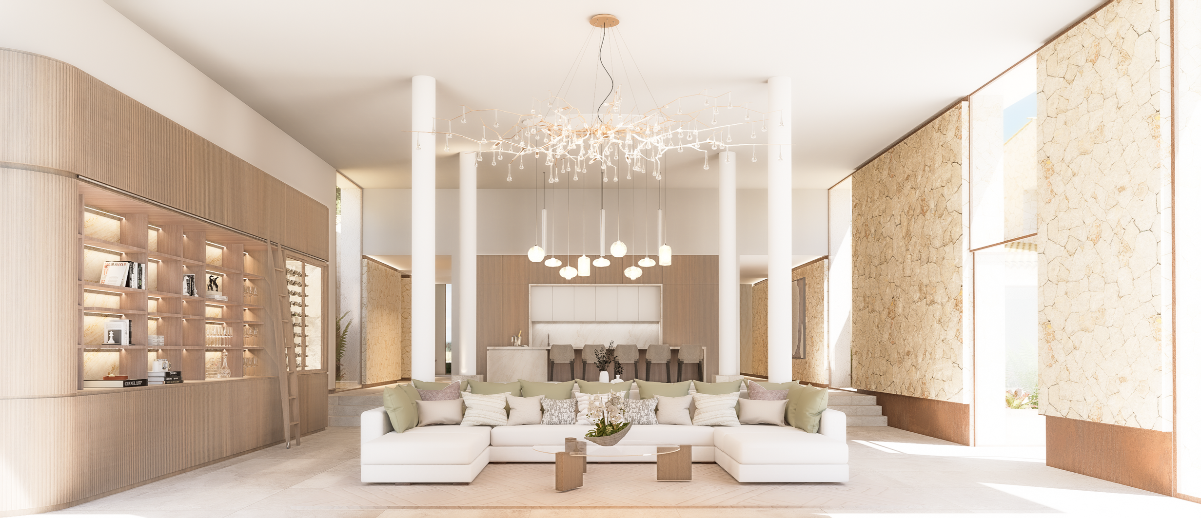 Intérieur moderne d'un salon avec un canapé blanc, des coussins, une bibliothèque en bois incurvée, un plafond avec un grand chandelier design, des murs en pierre, et une table basse au centre.