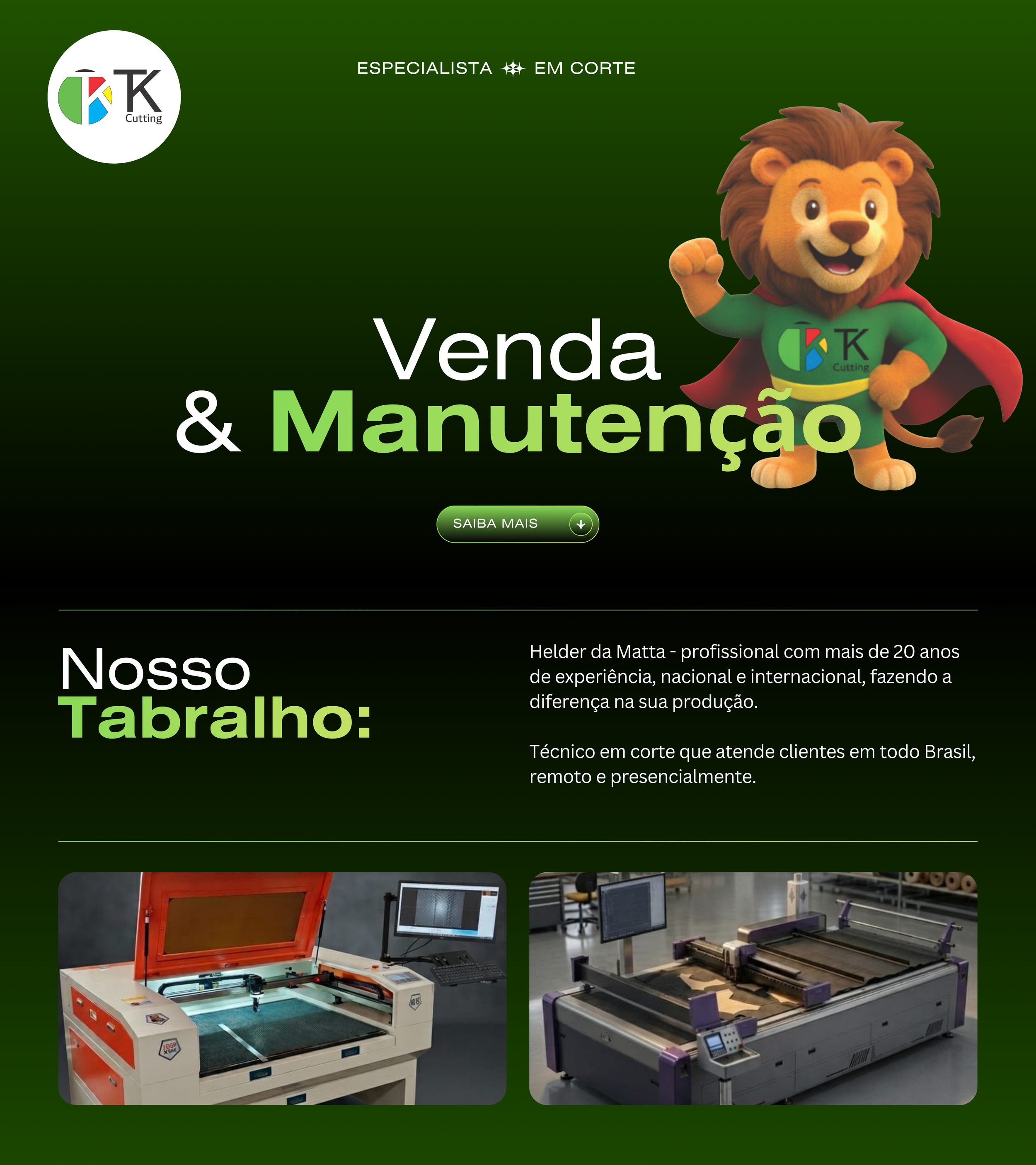 A website banner in Portuguese advertising a business specializing in cutting and maintenance, featuring a cheerful lion mascot wearing a green outfit with the company logo, and two images of laser cutting machines used for industrial purposes.