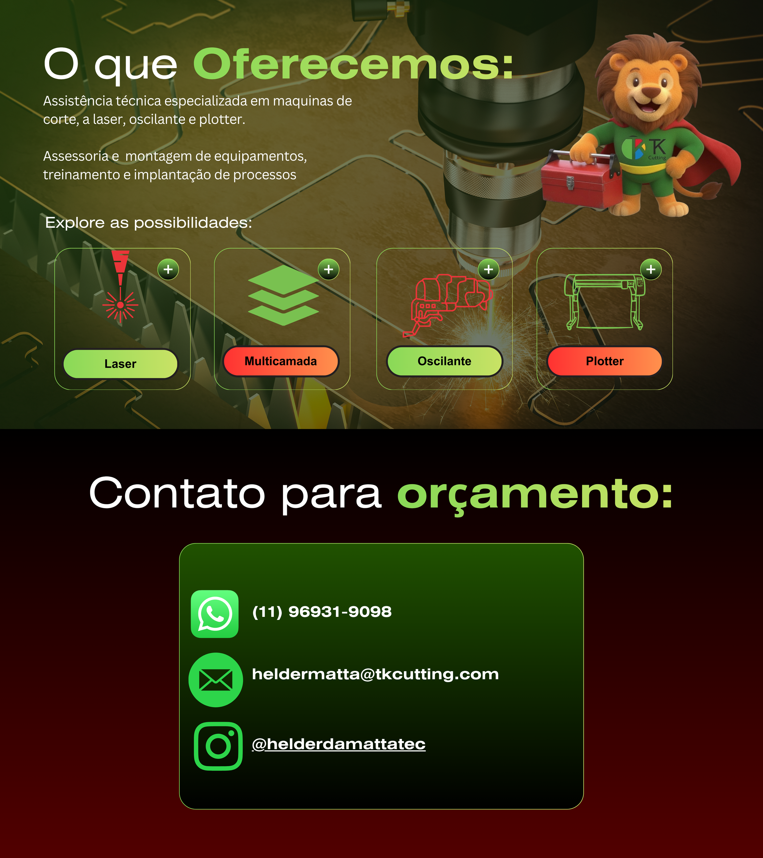 Contact information for a company, including WhatsApp, email, and Instagram icons with respective contact details.