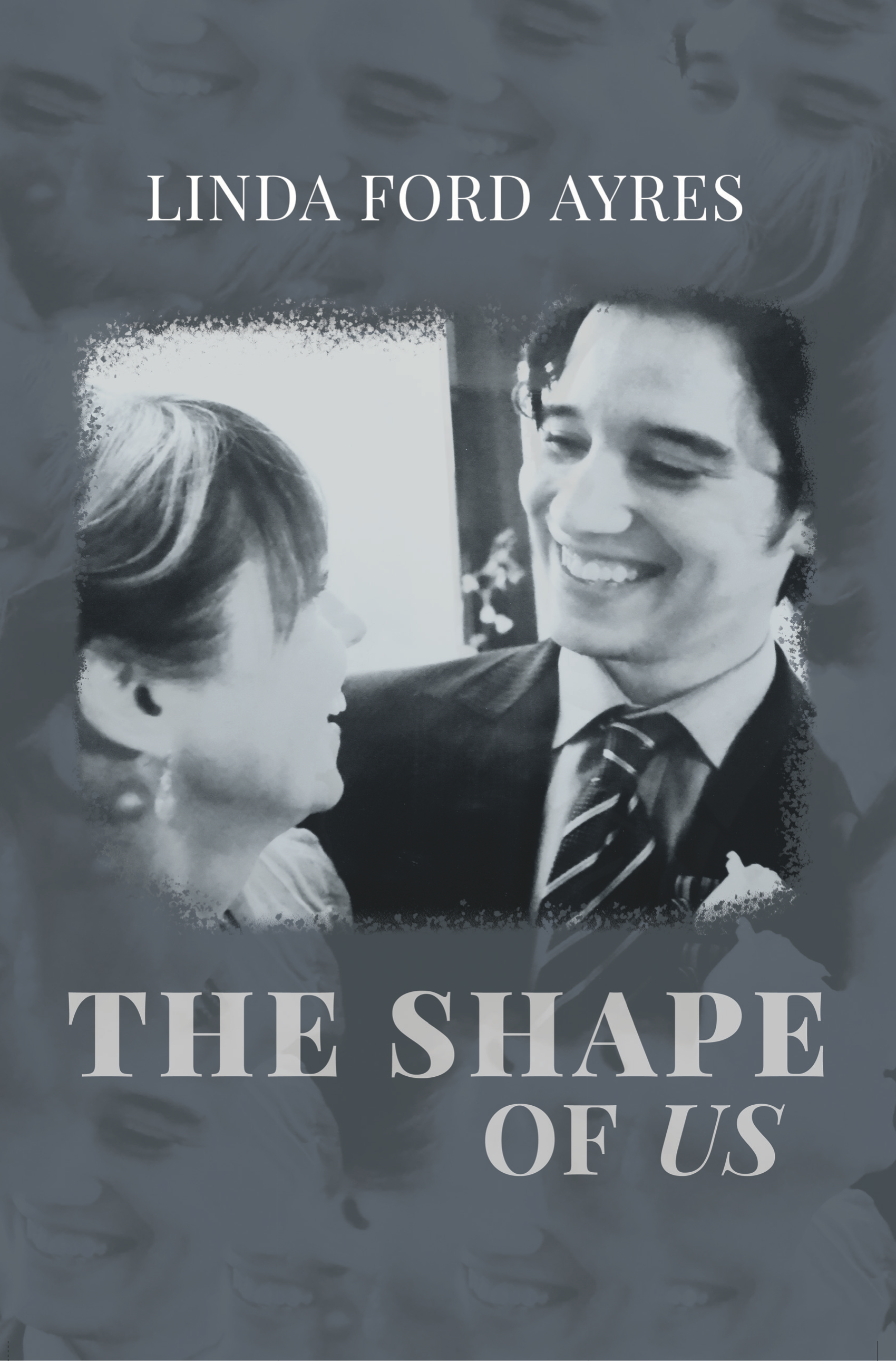 A black and white photograph of a wedding reception with a man and woman smiling at each other, dressed in formal wedding attire. The woman has short hair, and the man is wearing glasses, a suit, and a striped tie. The photo is overlaid with text that reads "THE SHAPE OF US".