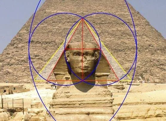 Close-up of the Great Pyramid of Giza with geometric overlay, including circles, triangles, and lines, and the face of King Khafre's statue in front of it.