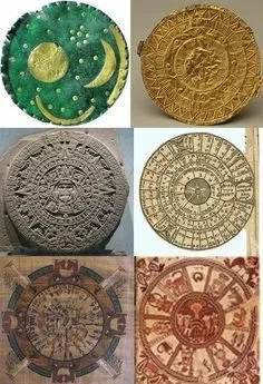 Six ancient or ceremonial zodiac and calendar discs featuring celestial symbols, astrological signs, and intricate patterns, in various colors including green, gold, gray, and reddish hues.
