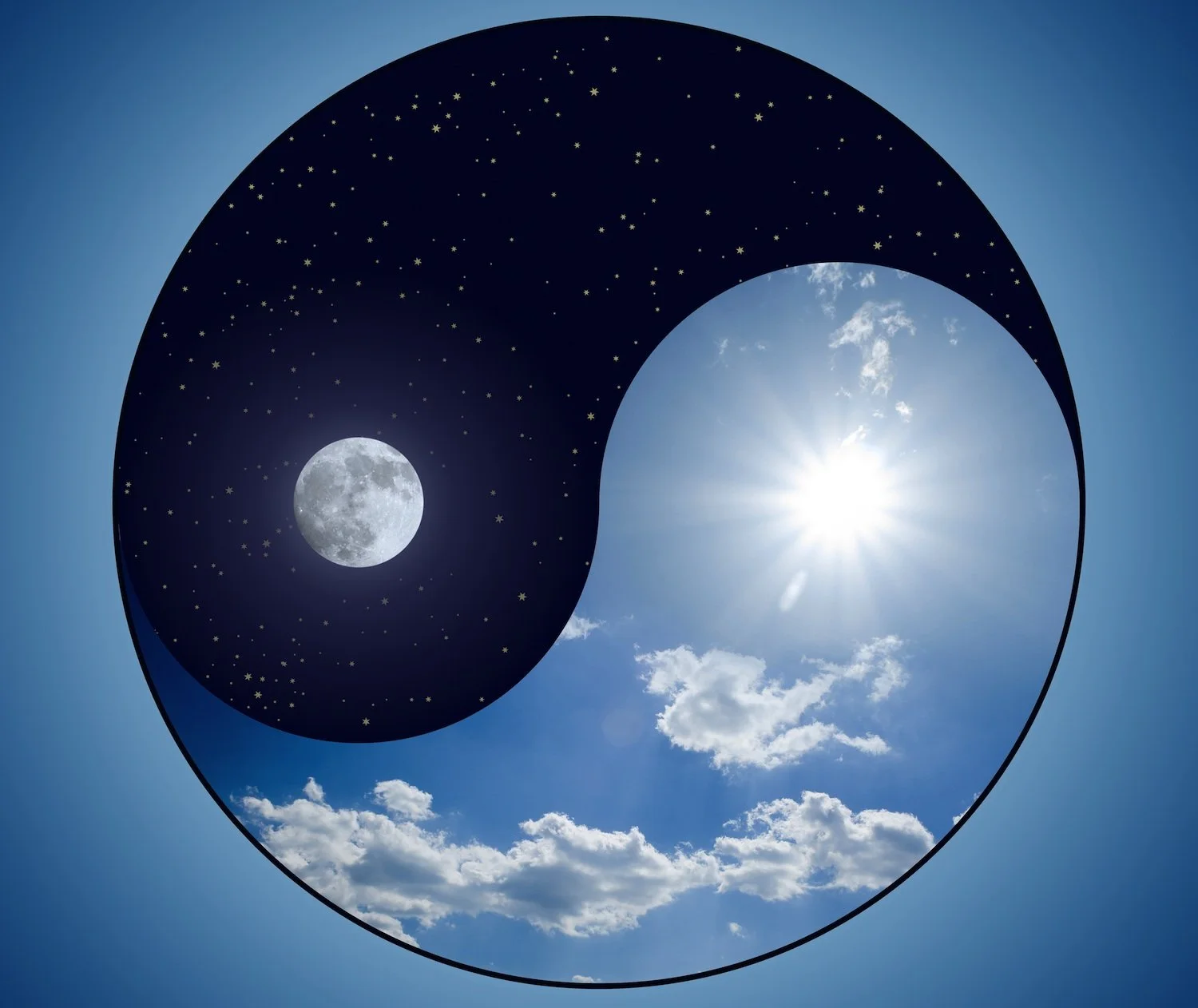 Illustration of a yin-yang symbol with a nighttime sky and moon on the dark side and a daytime sky with the sun on the light side.