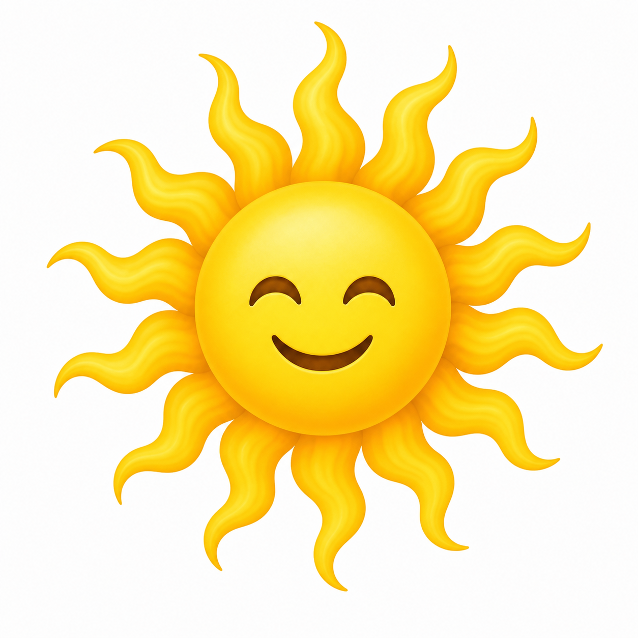Smiling sun with a happy face and rays radiating outward on a white background.