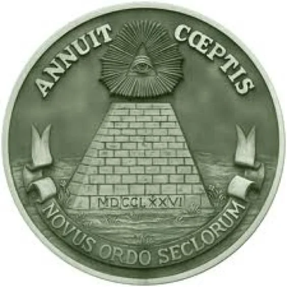 A coin featuring an eye within a triangle above a pyramid, with Latin inscriptions 'ANNUIT COEPTIS' and 'NOVUS ORDO SECLORUM', and Roman numerals MDCCLXXVI at the bottom.
