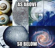 A collage comparing patterns of spiral galaxies and natural formations, with the text 'As above so below'.