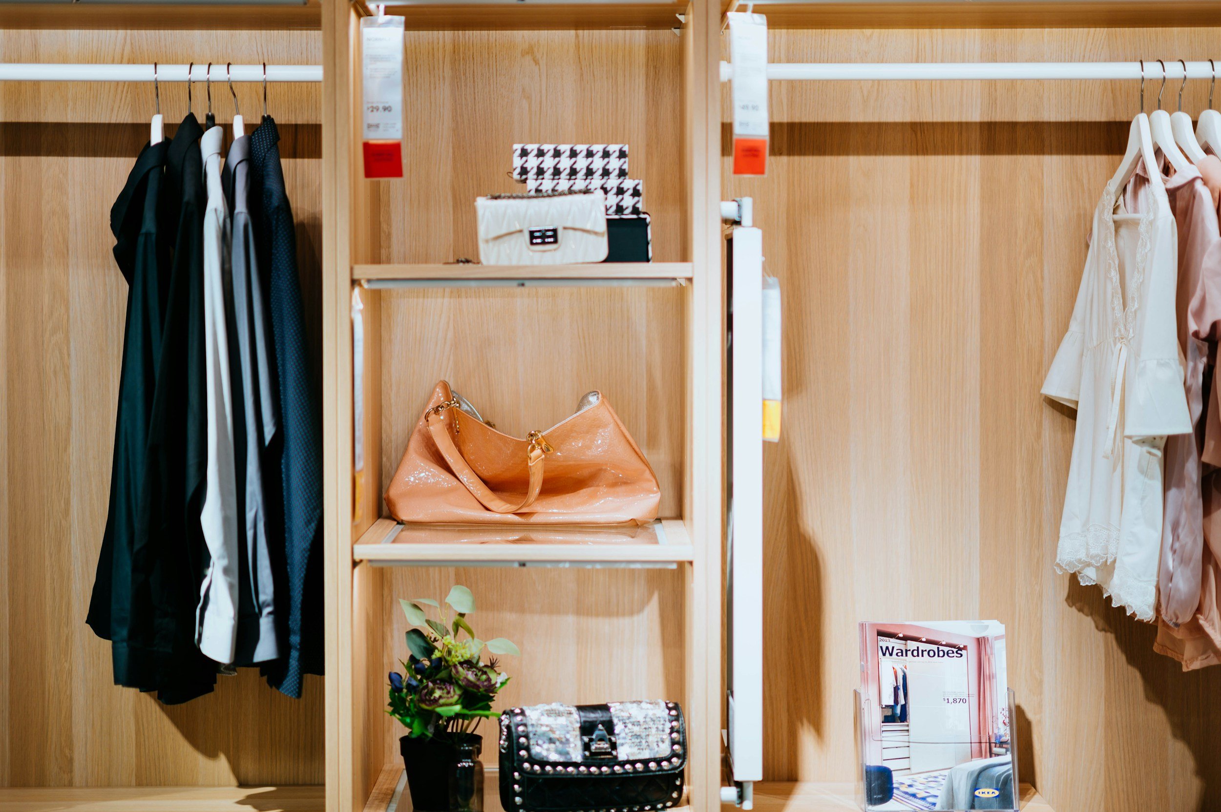 Wooden wardrobe with clothes hanging on the left and right sides, including black, white, gray, and pink items, with shelves in the middle holding handbags, a plant, and magazines.