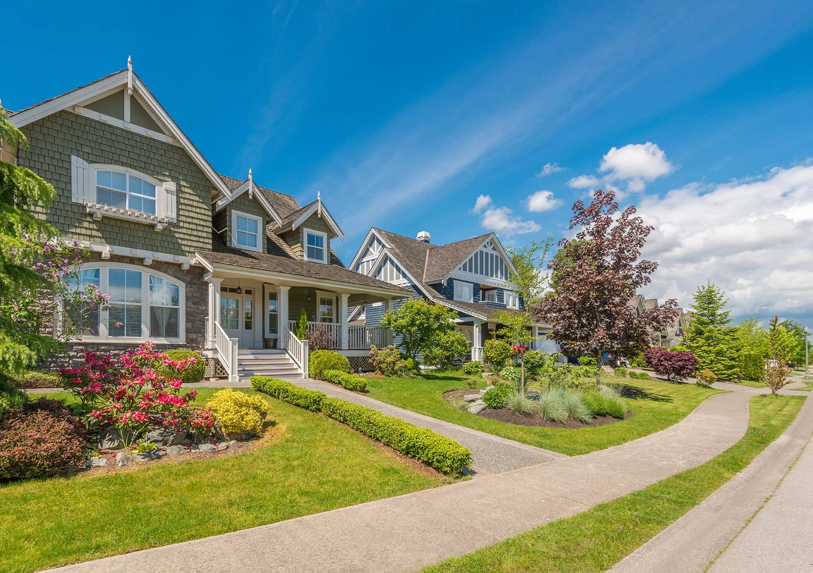 Suburban Neighborhood with beautiful green lawns
